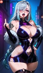 ai_generated bangs bare_shoulders bimbofication braid breasts bridal_gauntlets cleavage clothing_cutout corruption dress earrings eyeshadow female fishnet_thighhighs fishnets genshin_impact hair_over_one_eye hand_on_hip jewelry large_breasts long_hair looking_at_viewer makeup nail_polish navel navel_cutout night o-ring open_mouth pubic_tattoo shenhe_(genshin_impact) solo tattoo tgv9173 thick_thighs thighhighs thighs tongue tongue_out