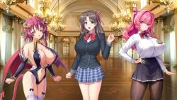 3girls angry angry_eyes angry_face aoi_nagisa_(artist) bowtie breasts castle castle_background castle_interior cleavage clothed covered_erect_nipples covered_nipples derauea enormous_breasts enormous_tits female female_only game_cg gigantic_breasts gigantic_tits hadashi_shoujo huge_breasts kaori_chichino kyonyuu_fantasy kyonyuu_fantasy_gaiden kyonyuu_fantasy_gaiden_2 kyonyuu_fantasy_gaiden_2_after_-osutashia_no_yabou kyonyuu_onsen_kozukuri_no_yu large_breasts large_tits married_female massive_breasts massive_tits mature_female milk_factory miniskirt mizoro_tadashi motto!_haramase!_honoo_no_oppai_isekai_oppai_bunny_gakuen! multiple_girls nipples_visible_through_costume ogin_bara princess_heart_link_~kenki-tachi_no_tsuyamai~ queen reflect reflection sad sad_face sad_female school_skirt school_uniform schoolgirl schoolgirl_uniform scolding shamsiel_shahar stop_quarrel succubus succubus_costume succubus_horns succubus_tail succubus_wings super_breasts super_tits suzuki_falco symbol tadano_akira tougenkyo_(company) waffle_(company) yamashina_sayaka