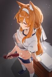 absurdres animal_ear_fluff animal_ears blue_archive breasts clothes_lift cum female flower gym_shorts gym_uniform hair_flower hair_ornament hairband halo highres holding_baton long_hair low_ponytail mari_(blue_archive) mari_(track)_(blue_archive) mint_ch official_alternate_costume orange_hair ponytail shirt_lift shorts small_breasts solo white_flower white_hairband yellow_halo