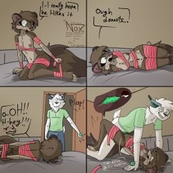 absurd_res anthro ass bassariscus bed bedroom_eyes blush blush_lines bodily_fluids body_blush bound breasts brown_body brown_fur cacomistle clitoral_hood clitoris colored_nails comic comic_panel cum cum_inside detailed_background dialogue door duo eye_contact eyelashes felid female fingers fluffy fluffy_tail from_front_position fur furniture genital_fluids genitals green_eyes green_penis hi_res icy_(iceking2000) izel(tleatlnox59 looking_at_another looking_down lying male male/female mammal markings missionary_position motion_lines multicolored_body nails narrowed_eyes nipples nude on_back on_bed opening_door paws penetration penis procyonid pussy pussy_blush ribbons ring_(marking) ringed_tail seductive sex short_tail sitting size_difference small_breasts smaller_female smile speech_bubble spiked_penis spikes spikes_(anatomy) striped_markings striped_tail stripes tail tail_markings text tleatlnox59 uterus vaginal_penetration vaginal_penetration white_body white_fur