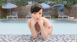 asian asian_female bikini leaning_forward ponytail resting_on_arms runawayoryu ryuu_ga_gotoku sawamura_haruka swimming_pool swimsuit