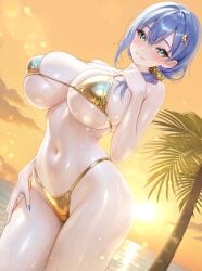 beach bikini blue_hair blue_nails breasts closed_mouth commission covered_erect_nipples female gold_bikini green_eyes hair_ornament hair_scrunchie highres huge_breasts indie_virtual_youtuber looking_at_viewer medium_hair nail_polish navel ocean outdoors scrunchie sideboob skeb_commission sky smile solo standing stomach studiopokotan sun swimsuit thighs underboob veins veiny_breasts water