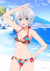 1girls bare_legs bare_shoulders blue_eyes cleavage collarbone female hand_on_head hand_on_hip kikuchi_fuuka looking_at_viewer medium_breasts red_bikini short_hair silver_hair smile standing