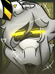 1boy 1girls artist_signature blowjob blush blush_lines blushing_at_viewer blushing_female cumming cumming_in_mouth cyn_(murder_drones) fellatio glitch_productions hand_on_head looking_at_viewer male_pov murder_drones n_(murder_drones) nude nude_female on_knees robot robot_boy robot_girl robot_humanoid saliva silver_hair sweat watermark yellow_eyes
