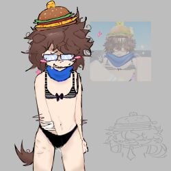 007n7_(forsaken) blush boy brown_hair burger_hat canine dog_ears dog_tail eyeless femboy forsaken_(roblox) glasses masturbation reference_image roblox roblox_avatar roblox_game robloxian scarf scars_on_legs self_upload solo swimsuit tagme tagme_(artist)