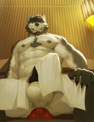 accessory anal anal_sex animal_genitalia animal_penis anthro balls black_penis brown_body brown_fur canid canine canine_genitalia canine_penis clothed clothing dildo dildo_in_ass dildo_insertion dildo_sitting erection fur genitals headband headgear headwear looking_at_viewer male mammal muscular muscular_male nipples object_in_ass penetration penis red8ean sauna sex sex_toy sex_toy_in_ass sex_toy_insertion smile smiling_at_viewer solo towel towel_only white_body white_fur