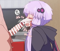 1boy bar_censor censored closed_eyes cum cum_in_mouth eyebrows_visible_through_hair fellatio fellatio_under_mask female hair_ornament hairclip long_hair oral penis profile purple_hair solo_focus spoken_squiggle squiggle sumiyao_(amam) surgical_mask vocaloid voiceroid yuzuki_yukari