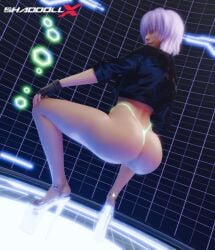 1girls 3d ass ass_cleavage ass_focus butt_focus clothing female futuristic ghost_in_the_shell heels high_resolution highres jacket kusanagi_motoko pulling_clothing purple_hair shaddoll_x