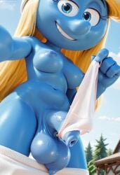 3d ai_generated big_ass chudaibastard3d foreskin futanari innie_pussy smurf smurfette tiny_female