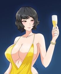 alcohol atlus big_breasts blush breasts brown_eyes dark_brown_hair dress persona persona_5 sadayo_kawakami shin_megami_tensei smile yellow_dress