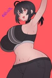1girls big_breasts black_hair curvy_body curvy_female curvy_figure female female_focus grace_howard gym_uniform hoyoverse nishitin solo sweating thick_body zenless_zone_zero
