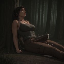 1futa against_tree ai_generated balls big_breasts big_penis breasts brown_hair bulge bulge_through_clothing civitai cleavage closed_eyes clothed_futa cum cum_drip cum_through cum_through_clothes erection erection_under_clothes forest fully_clothed futa_only futanari futazealot lara_croft lara_croft_(survivor) penis tank_top tomb_raider tomb_raider_(survivor)