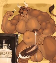 anthro balls belly big_balls big_belly big_muscles big_pecs big_penis bodily_fluids bovid bovine brown_body brown_fur brown_hair cattle curved_horn erection facial_piercing fur genitals hair hi_res horn hotdogsauau huge_balls huge_belly huge_cock huge_muscles humanoid_genitalia humanoid_penis lactating machine male male/male male_lactation mammal milking_machine milking_machine_on_male muscle_tone musclegut muscular muscular_anthro muscular_male narrowed_eyes nipples nose_piercing nose_ring nude pecs penis piercing ring_piercing septum_piercing septum_ring simple_background solo yellow_background