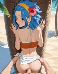 1boy against_tree ai_generated anal anal_sex ass beach blue_hair blush bra brown_eyes fairy_tail female flower_in_hair from_above from_behind hands_on_ass levy_mcgarden looking_back male medium_hair open_mouth palm_tree partially_clothed pov pov_sex skirt standing standing_sex