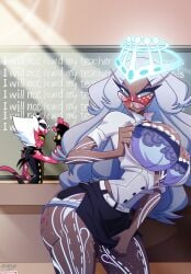 1boy 1girls after_sex aless_(corazonarts) angel angel_girl ass ass aureola bare_legs bare_thighs big_ass big_breasts big_butt bite_mark blush bra color corazonarts dark-skinned_female dark_skin demon demon_boy demon_horns demon_tail english_text female glasses grey_hair hazbin_hotel hi_res kiss_mark large_breasts long_hair male male/female panties sera_(hazbin_hotel) tagme teacher teacher_outfit text thick_thighs vivienne_medrano