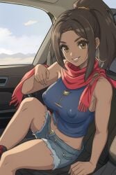 1girls ai ai_generated big_breasts blue_shirt brown_eyes brown_hair car crossover crossover_cosplay dark-skinned_female dark_skin female female_focus female_only ghondor_vandham_(xenoblade) grand_theft_auto grand_theft_auto_vi jeans_shorts long_hair looking_at_viewer lucia_caminos_(cosplay) monolith_soft nintendo nipple_bulge nipples nipples_visible_through_clothing ponytail quinzo11 red_scarf rockstar_games scarf self_upload shirt sitting sitting_female sitting_in_car smile smiling smiling_at_viewer solo_female xenoblade_(series) xenoblade_chronicles_(series) xenoblade_chronicles_3