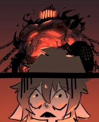 bara big_nipples big_pecs chains flanco gay humanoid muscular muscular_male non_human original_character scared scared_expression scared_face surprise surprised surprised_expression surprised_face