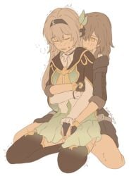 2girls artist_name black_bow black_coat black_gloves black_hairband black_jacket black_skirt black_thighhighs blush bow closed_eyes closed_mouth coat commentary dress fingering fingerless_gloves firefly_(honkai:_star_rail) gloves gold_ring green_dress grey_hair hair_between_eyes hair_ornament hairband hairbow honkai:_star_rail honkai_(series) hug hug_from_behind jacket korshokor leaf_hair_ornament long_hair long_sleeves looking_at_another multiple_girls neckerchief open_clothes open_coat open_mouth puffy_long_sleeves puffy_sleeves sailor_collar simple_background sitting skirt stelle_(honkai:_star_rail) sweat sweatdrop symbol-only_commentary thighhighs trailblazer_(honkai:_star_rail) trembling two-tone_dress vaginal_penetration white_background white_dress yellow_eyes yellow_neckerchief yuri
