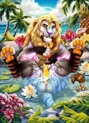 animal_genitalia animal_penis balls bodily_fluids cum felid feline_genitalia feline_penis feral genital_fluids genitals hi_res legs_up lion looking_at_viewer male mammal pantherine partially_submerged pawpads penis smile solo xtreme3246