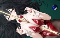 azur_lane billiard_ball billiard_table black_hair bunny_ears bunnysuit cleavage closed_eyes cue_stick game_cg gigantic_breasts huge_breasts id_card laying_on_back messy_hair object_between_breasts official_art on_back paizuri paizuri_invitation pantyhose pool_table red_bunnysuit red_nails screenshot squeezing_breast taihou_(azur_lane) tie