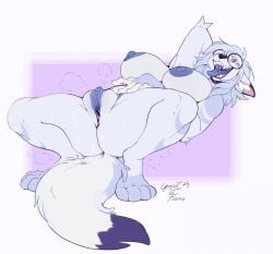 absurd_res anthro artist_collaboration big_breasts blue_hair bodily_fluids breasts canid canine canis clitoris eyewear eyewear_only female fluffy fluffy_tail fur genital_fluids genitals glasses glasses_only grey_body grey_fur hair hi_res huge_breasts inner_ear_fluff lofiflavors mammal nude nude_female open_mouth plump_labia presenting presenting_pussy pussy round_glasses saliva saliva_string sharp_teeth smile solo spread_legs spreading sweat tail teeth tongue tongue_out tuft vaginal_fluids wearing_glasses wolf yogoat