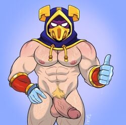 1boy bara blonde_hair brawl_stars dick face_covered gold_(metal) grom_(brawl_stars) helmet male male_focus male_only muscular muscular_male pubic_hair solo_male supercell superhero thumbs_up yellow_hair