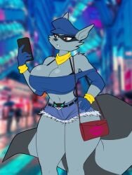bra bushy_tail busty cleavage dracojeff gloves milf phone procyonid protruding_breasts raccoon rule_63 short_jeans shoulder_bag sly_cooper sly_cooper_(series) sony_interactive_entertainment sucker_punch_productions tail thick_thighs