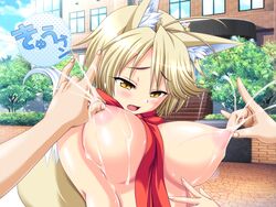 1boy animal_ears animated blinking blonde_hair breasts cute_fang female fox_ears fox_tail game_cg honoo_no_haramase_oppai_nyuu_doukyuusei lactation large_breasts megumino_sakon nipple_pull nipple_tweak nipples nude open_mouth outdoors scarf short_hair squeez tail yellow_eyes yuibi