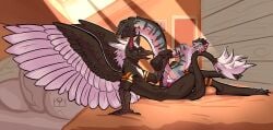 anthro avian back_wings balls bedroom bodily_fluids cuntboy duo_focus errokioslem feathered_wings feathers felid feline full-length_portrait genital_fluids genitals group gryphon hands_behind_back hybrid intersex intersex/male intersex_penetrated knot knotted_penis light looking_at_another looking_pleasured male mammal mythological_avian mythological_creature mythology penetration penis portrait power_bottom precum pussy saliva saliva_on_tongue saliva_string side_view striped_body stripes sunlight tongue tongue_out vaginal_penetration wings