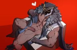 1boy abs absurdres bara bare_pectorals barefoot capitano_(genshin_impact) commentary dark-skinned_male dark_skin english_commentary faceless faceless_male fur_trim genshin_impact grey_fur heart helmet highres male_focus muscular muscular_male navel nipples nude pectorals penis red_background scar scars_all_over sedo_(usingincognito) sitting solo testicles veins veiny_penis