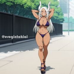 "artist: "character:rumi_usagiyama big_breasts brown_hair brown_skin brown_skinned_female dark-skinned_female dark_skin erogintokiai fit_female high_heels huge_breasts mirko muscular_female platform_heels purple_bikini rabbit_ears rumi_usagiyama shiny_body shiny_clothes smile smug_face standing tagme thick_ass thick_legs walking