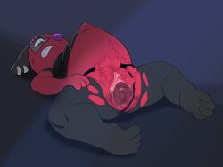 3_fingers 4_toes animal_crossing anthro birth black_body black_clothing black_fur black_underwear blue_eyes bodily_fluids canid canine cherry_(animal_crossing) clitoris clothing crowning duo ear_piercing ear_ring feet female fetchquest fingers fur genital_fluids genitals hi_res labor legwear lying mammal nintendo on_back piercing pink_nose pregnant pubes pussy red_body red_fur ring_piercing solo_focus sweat toes topwear torn_clothing torn_legwear underwear vaginal_birth vaginal_fluids