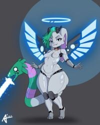absurd_res anthro aristar breath chimera collar cybernetics fangs female female/female genitals hair halo hi_res horn long_hair machine neon_lights nipples plasma pussy smile smirk solo synthetic teeth wings