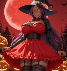black_leggings dark-skinned_female dark_skin halloween halloween_costume halloween_theme purple_hair red_dress sexy shihouin_yoruichi smiling sunset
