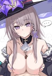 ... acht_ao ascot bar_censor bare_shoulders black_hat breasts breasts_squeezed_together brown_hair censored commentary_request detached_sleeves female flower hat hat_flower herta_(honkai:_star_rail) highres honkai:_star_rail honkai_(series) large_breasts long_hair looking_at_viewer nipples paizuri penis pov pov_crotch purple_eyes purple_flower purple_hat purple_nails purple_ribbon revision ribbon sweat the_herta_(honkai:_star_rail) white_ascot white_background witch_hat