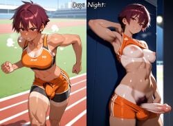 ai_generated at_night athletic athletic_futanari average_breasts average_sized_penis behind_wall bulge bulge_through_clothing caption comparing comparison contrast dark_red_eyes day erect_nipples excessive_pubic_hair exercise fit fit_futanari futanari hairy_armpits horny jogging lean_figure maos maroon_hair medium_breasts medium_penis muscular night penis_under_clothes precum pubic_hair relationship_goals running smug sport_shorts sports_bra sportswear stomach_hair sweat sweating sweaty tan_body tan_skin tanned tomboy_futa tomboyish track_and_field