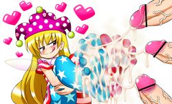 :p american_flag american_flag_legwear american_flag_shirt blonde_hair censored clownpiece cum cum_on_body cum_on_lower_body cum_string ejaculation feet female heart holding_legs jester_cap legs_up long_hair madou naughty_face pantyhose penis pov_feet soles toes tongue touhou wings