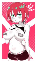 amate_yuzuriha annoyed bandaid bandaids_on_nipples belly_blush blush blush_lines blushing blushing_at_viewer green_eyes gundam gundam_gquuuuuux large_breasts looking_at_viewer pasties red_bikini red_hair shirt_lift short_hair short_shorts shorts