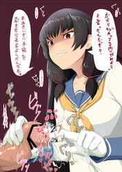 black_hair censored cum empty_eyes female femdom fingering forced gloves grin holding_penis kozy low_twintails male_urethral_insertion penis short_twintails simple_background smile text tied_hair translation_request twintails urethral_fingering urethral_insertion veins veiny_penis white_gloves