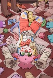 absurd_res anthro arch3y bear bow_tie checkered checkered_floor circus clothing clown feet fluffy fluffy_hair footwear green_eyes group hair hi_res lying_on_ground makeup male male/male mammal on_ground piercing pink_hair polar_bear polka_dots sock_fetish socks socks_on_hands surrounded ursine