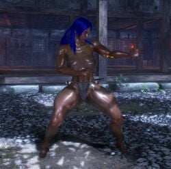 aoi_kage-no-on'na big_breasts blue_hair game_screenshot loincloth muscular muscular_female nipples scar_on_face