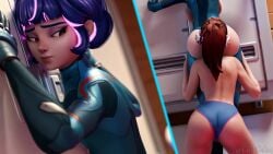 2girls animated arched_back ass ass_focus ass_grab blender breast_press breasts breasts_out cutegals d.va eating_ass female female_focus female_only glasses juno_(overwatch) large_ass moaning overwatch ponytail pressed_against skin_tight skinsuit sound tagme underwear video yuri