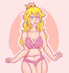blonde_female blonde_hair blonde_hair_female blue_eyes breasts clothing crown lingerie lingerie_only lips lipstick mario_(series) nintendo pink_lingerie pink_lipstick princess princess_peach
