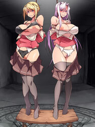 2girls angry areolae arms_behind_back bare_shoulders blonde_hair blue_eyes blush bondage bra breasts censored charlotte_hazellink clenched_teeth clothing execution feet hair_bun highres huge_breasts large_breasts legs long_hair looking_at_viewer mosaic_censoring multiple_girls multiple_subs nightmare_express nipples noose one_breast_out open_clothes panties panties_aside pink_hair princess_lover purple_eyes pussy restrained rope royalty school_uniform silvia_van_hossen skirt standing stockings thighhighs thighs tied_up tiptoes toes underwear