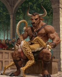 anal anal_fingering anal_sex anthro anthro_on_anthro anthro_penetrated anthro_penetrating arms_tied ass balls bondage bound bovid bovine brown_body brown_hair bulge cheetah clothing cuff_(restraint) detailed_background digitigrade dominant dominant_male duo erection european_mythology felid feline fingering fur genitals greek_mythology grin hair hands_behind_back hands_tied harness hi_res hooves horn humiliation kneeling leather leather_cuffs leather_harness leon_cheetah male male/male mammal markings minotaur muscular muscular_male mythology nipples nude on_lap outside pecs penetration penis perineum plant public public_humiliation public_sex punishment restraints sex sitting size_difference smile spots spotted_markings submissive submissive_male tail taur tree