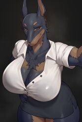 anthro beatrice_(the7thprimarch) big_breasts bodily_fluids bottomwear breasts canid canine canis chest_tuft cinko claws cleavage clothed clothing collared_shirt dobermann domestic_dog dress_shirt ear_piercing ear_ring female hand_on_hip hi_res looking_at_viewer mammal piercing pinscher ring_piercing selfie shirt skirt solo sweat sweatdrop thick_thighs topwear tuft