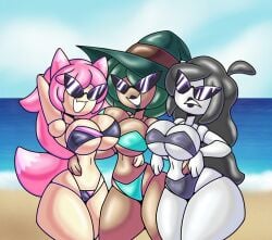 3girls big_breasts breast_expansion breasts cleavage disney doll drwahee expansion female inflation knick_knack large_hips long_hair narrow_waist permanent_smile pixar smiling sunglasses sunnification sunny_miami sunny_persona swimsuit thin_waist tinted_eyewear transformation water wide_hips
