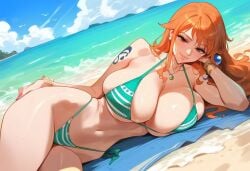 1girls 2d ai_generated beach big_breasts bikini female female_focus female_only lying nami_(one_piece) one_piece orange_hair outdoors solo solo_female solo_focus tagme tattoo