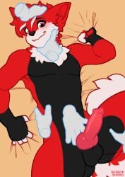 absurd_res animal_genitalia blush canid canine canine_genitalia disembodied_hand fox fur genitals happy hi_res knot knotted_penis looking_at_genitalia looking_at_own_penis looking_at_penis looking_at_self looking_down mammal pawpads penis praising red_body red_fur red_pawpads shy smile solo