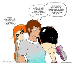 1boy 1girls ass big_ass colored edit fat_ass female human inkling inkling_girl kaori_(splatoon) male nintendo octo-comix_(artist) over_the_shoulder shorts shoulder_carry smile splatoon thick_thighs wide_hips